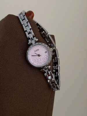 Dainty Flowers Silver Round Face Watch for Women