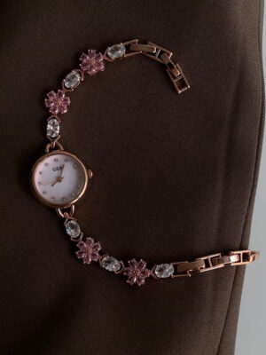 Dainty Sakura Pink Zircon Round Face Gold Bracelet Watch