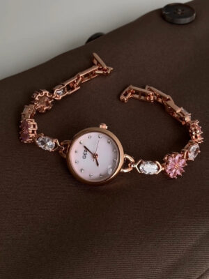 Dainty Sakura Pink Zircon Round Face Gold Bracelet Watch