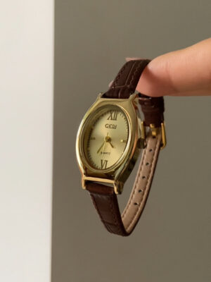 Classic Style Gold Oval Face Brown Leather Watch