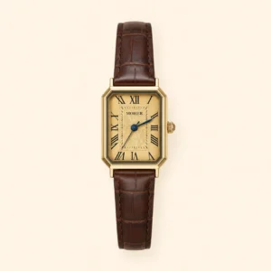 MoHer Watch Gold Rectangle Face Brown Leather Band Watch for Women
