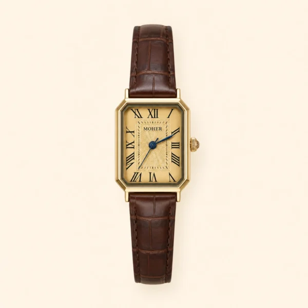 1f0e3402-ebfa-42b2-8282-f6266519e252 MoHer Watch Gold Rectangle Face Brown Leather Band Watch for Women