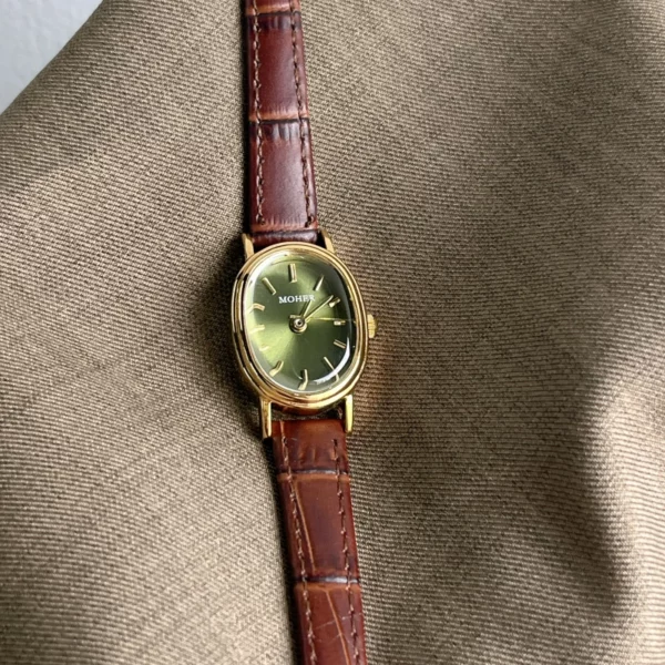 MoHer Watch Olive Green Oval Dial Brown Leather Band Watch for Women