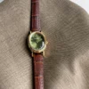 MoHer Watch Olive Green Oval Dial Brown Leather Band Watch for Women