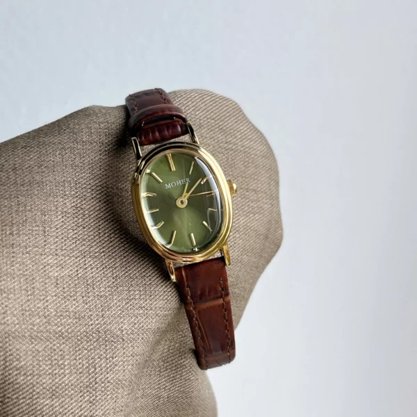 MoHer Watch Olive Green Oval Dial Brown Leather Band Watch for Women
