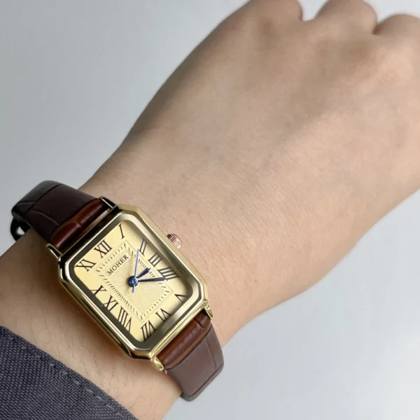 639-1.webp MoHer Watch Gold Rectangle Face Brown Leather Band Watch for Women