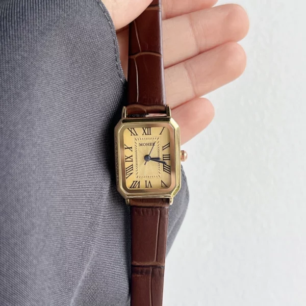 639-2.webp MoHer Watch Gold Rectangle Face Brown Leather Band Watch for Women