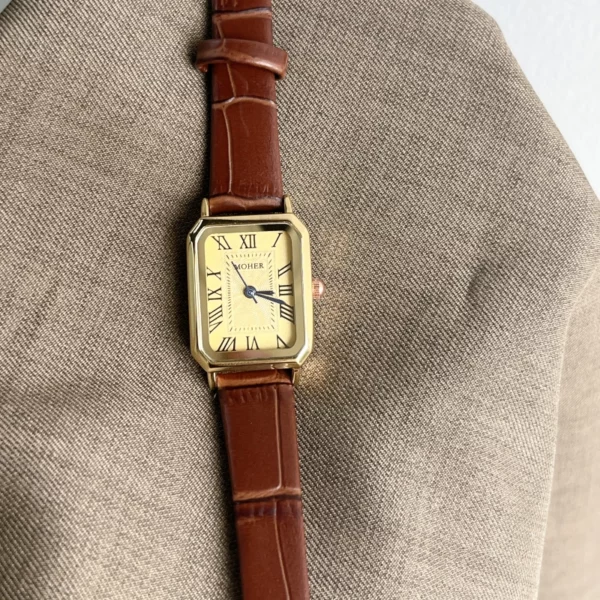 639-3.webp MoHer Watch Gold Rectangle Face Brown Leather Band Watch for Women