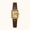 MoHer Watch Gold Rectangle Face Brown Leather Band Watch for Women