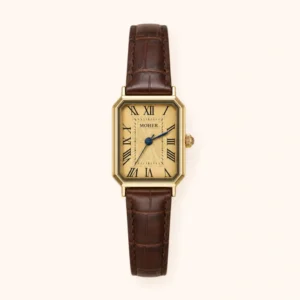 MoHer Watch Gold Rectangle Face Brown Leather Band Watch for Women