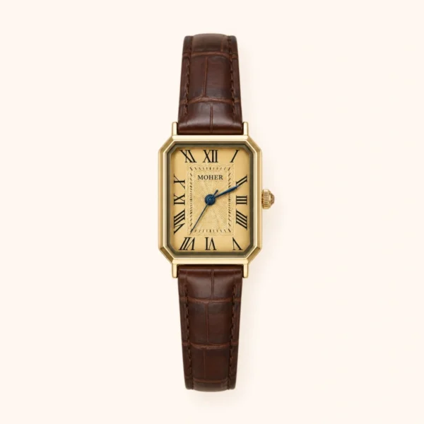 MoHer Watch Gold Rectangle Face Brown Leather Band Watch for Women