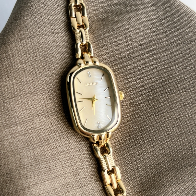 Moher Watch Beige Mother of Pearl Dial Gold Oval Bracelet Watch for Women