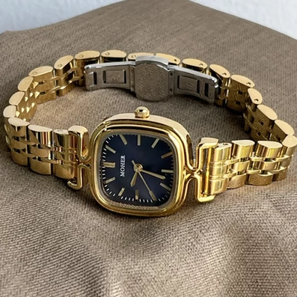 MoHer Watch Gold Square Dark Royal Blue Dial Bracelet Watch for Women