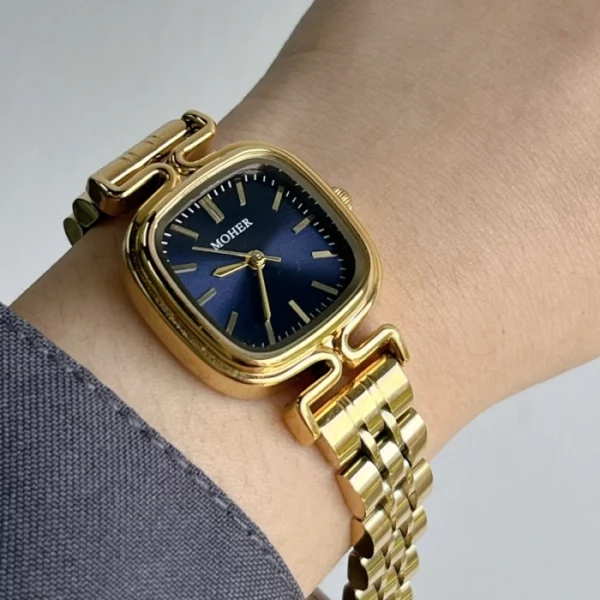 MoHer Watch Gold Square Dark Royal Blue Dial Bracelet Watch for Women