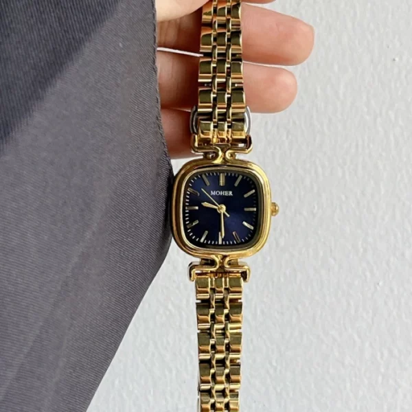 MoHer Watch Gold Square Dark Royal Blue Dial Bracelet Watch for Women