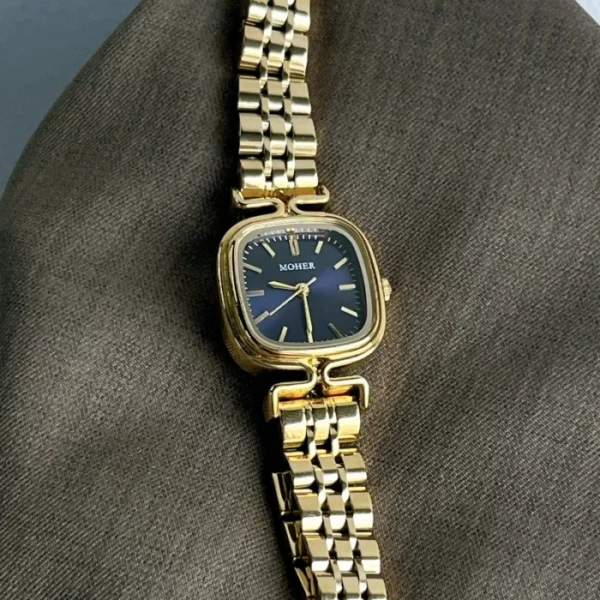 MoHer Watch Gold Square Dark Royal Blue Dial Bracelet Watch for Women