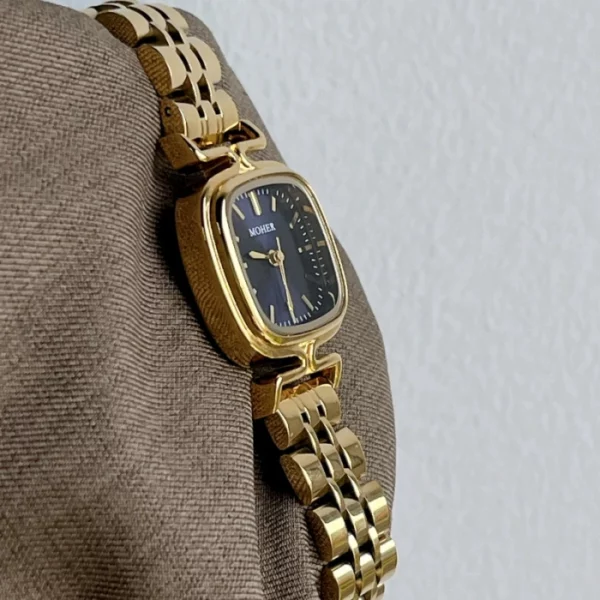 MoHer Watch Gold Square Dark Royal Blue Dial Bracelet Watch for Women