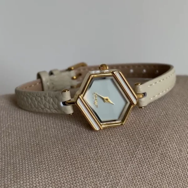 662-3.webp Minimalist Gold Hexagon Face Leather Strap Watch for Women