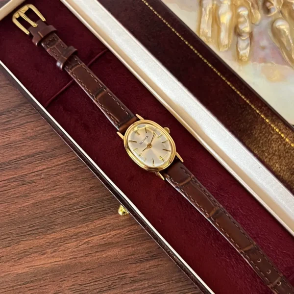 MoHer Watch Gold Oval Brown Leather Band Watch for Women