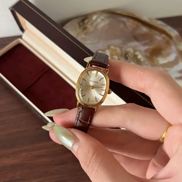 MoHer Watch Gold Oval Brown Leather Band Watch for Women