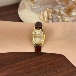 MoHer Watch Gold Oval Brown Leather Band Watch for Women