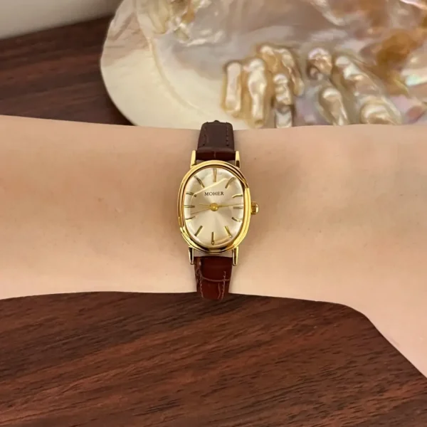 MoHer Watch Gold Oval Brown Leather Band Watch for Women