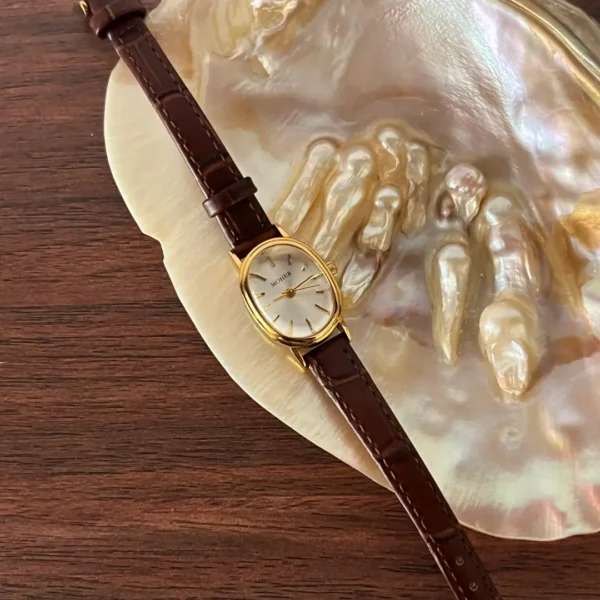 MoHer Watch Gold Oval Brown Leather Band Watch for Women