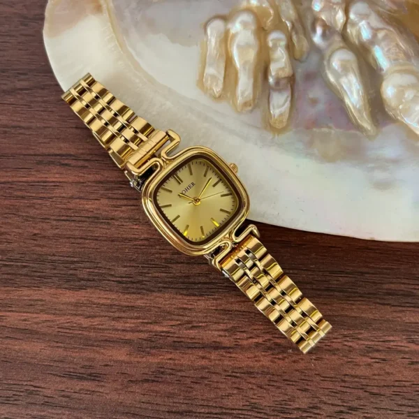 MoHer Watch Gold Square Face Classic Stainless Steel Watch for Women