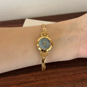 MoHer Watch Gold Small Face Blue Mother of Pearl Slim Chain Bracelet Watch for Women