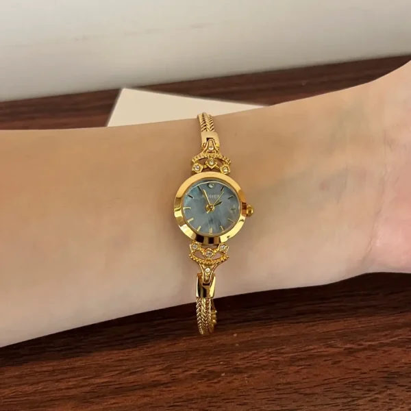 MoHer Watch Gold Small Face Blue Mother of Pearl Slim Chain Bracelet Watch for Women