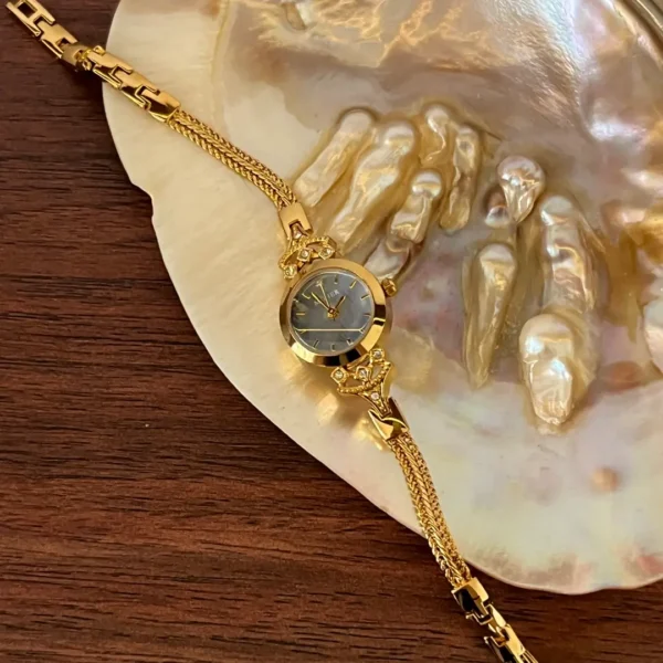 MoHer Watch Gold Small Face Blue Mother of Pearl Slim Chain Bracelet Watch for Women