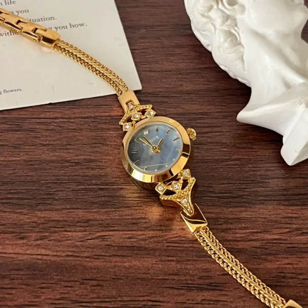 MoHer Watch Gold Small Face Blue Mother of Pearl Slim Chain Bracelet Watch for Women