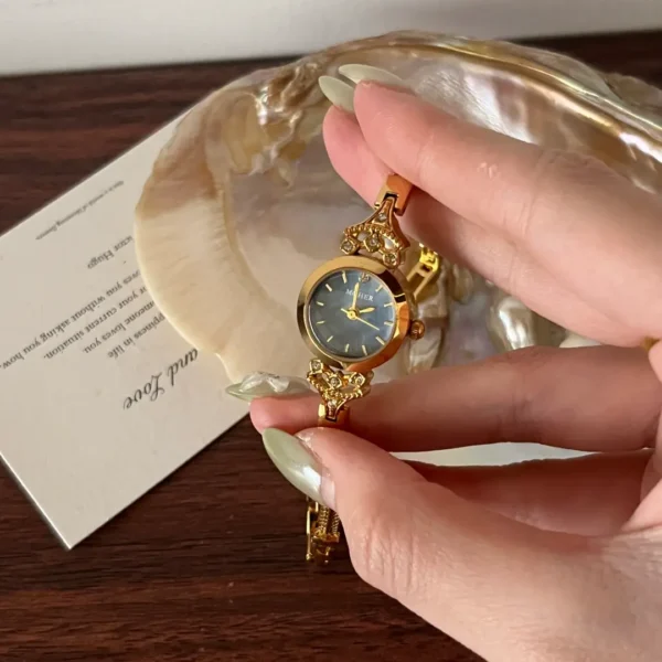 MoHer Watch Gold Small Face Blue Mother of Pearl Slim Chain Bracelet Watch for Women