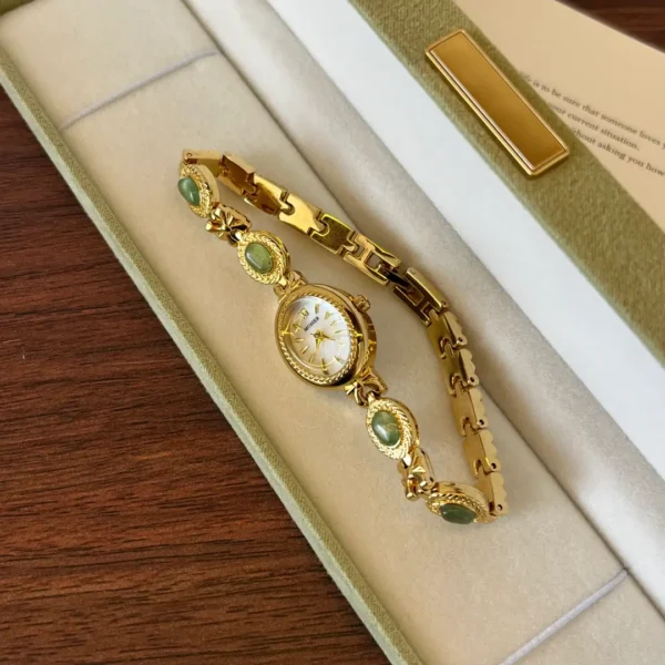 MoHer Watch Gold Small Face Green Jade Gemstone Bracelet Watch