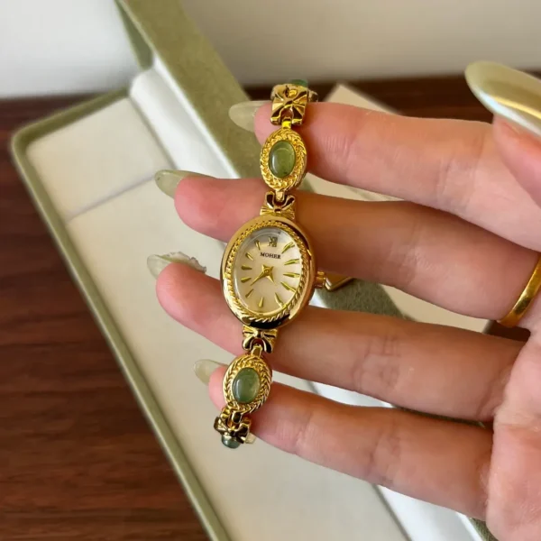 MoHer Watch Gold Small Face Green Jade Gemstone Bracelet Watch
