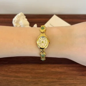 MoHer Watch Gold Small Face Green Jade Gemstone Bracelet Watch