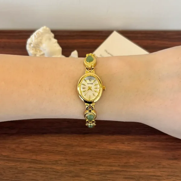 MoHer Watch Gold Small Face Green Jade Gemstone Bracelet Watch