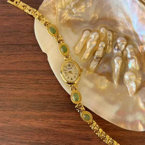 MoHer Watch Gold Small Face Green Jade Gemstone Bracelet Watch