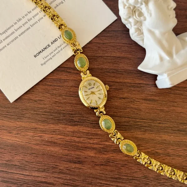 MoHer Watch Gold Small Face Green Jade Gemstone Bracelet Watch