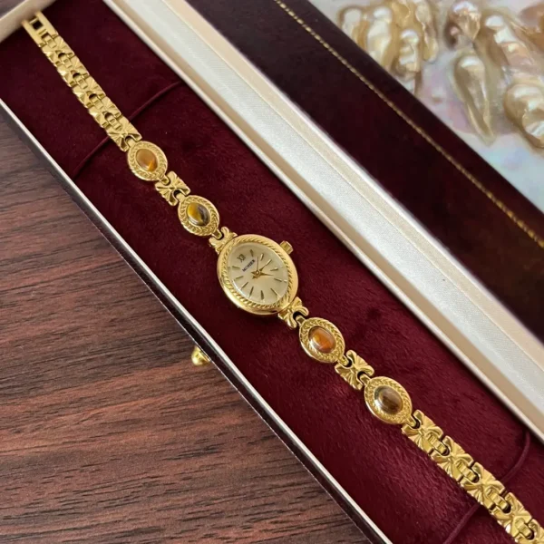 MoHer Watch Beige Mother of Pearl Tiger's Eye Gemstone Bracelet Watch