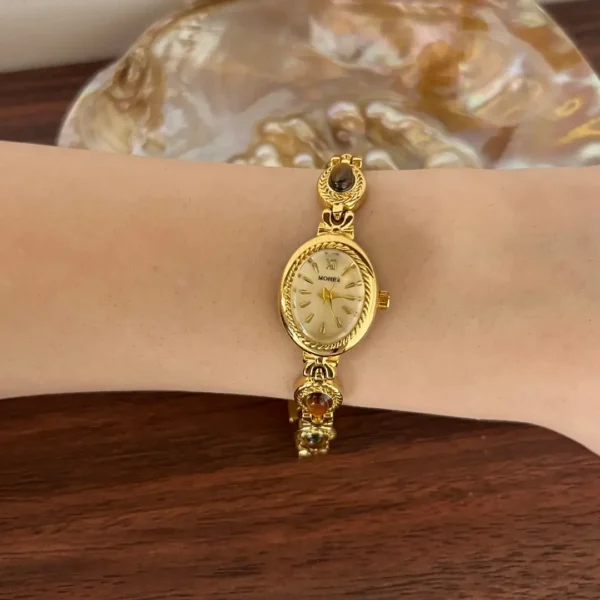 MoHer Watch Beige Mother of Pearl Tiger's Eye Gemstone Bracelet Watch