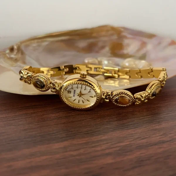 MoHer Watch Beige Mother of Pearl Tiger's Eye Gemstone Bracelet Watch