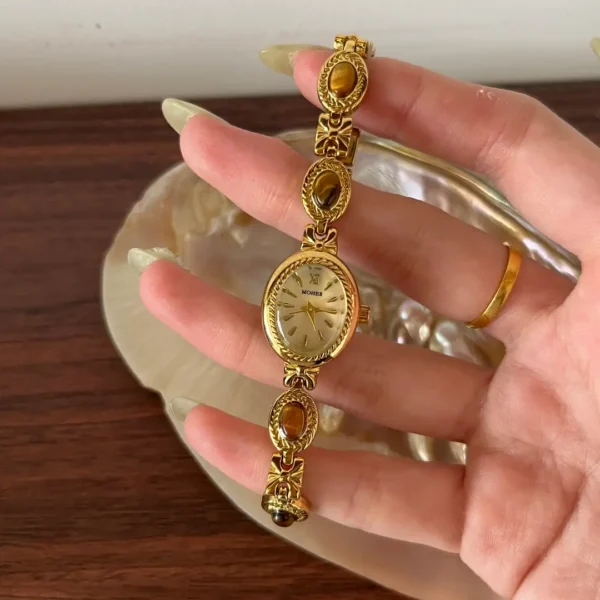 MoHer Watch Beige Mother of Pearl Tiger's Eye Gemstone Bracelet Watch