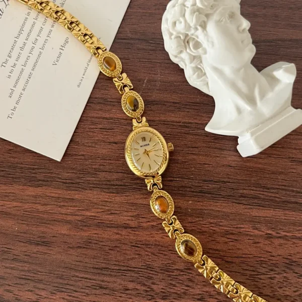 MoHer Watch Beige Mother of Pearl Tiger's Eye Gemstone Bracelet Watch