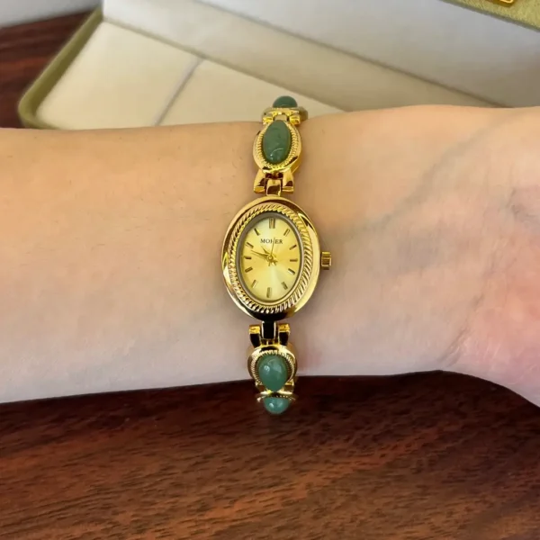 MH651-4 MoHer Watch Gold Oval Green Jade Bracelet Women's Watch