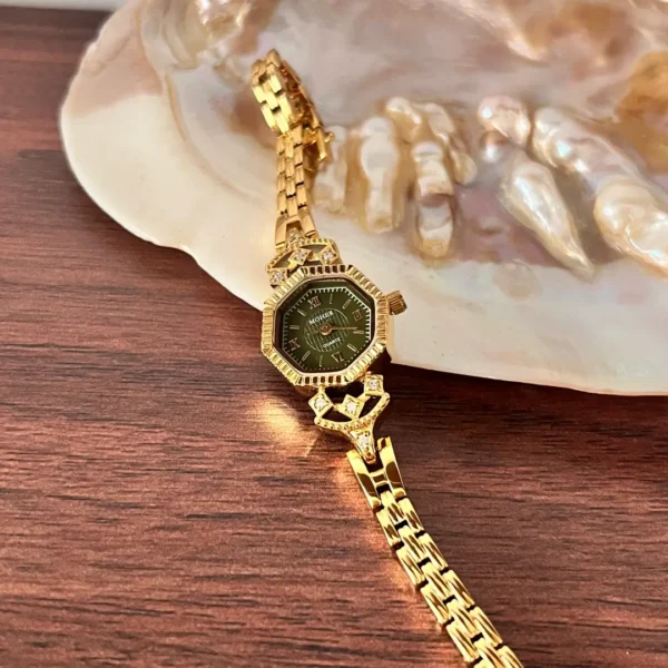 MoHer Watch Gold Octagon Emerald Green Dial Bracelet Watch for Women