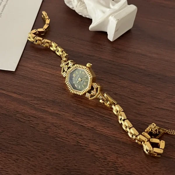 MoHer Watch Gold Octagon Emerald Green Dial Bracelet Watch for Women