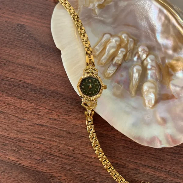 MoHer Watch Gold Octagon Emerald Green Dial Bracelet Watch for Women