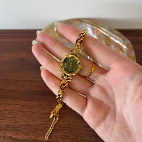 MoHer Watch Gold Octagon Emerald Green Dial Bracelet Watch for Women