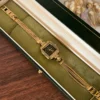MoHer Watch Gold Small Square Green Dial Slim Chain Bracelet Watch for Women